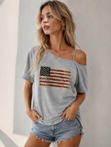 2026 New One-Shoulder T-Shirt, Short-Sleeved T-Shirt, American Flag, Patriotic Print Fashion Top, One-Shoulder Strap, Sexy Off-Shoulder Fashion Outfit - 灰色 - 查看 7