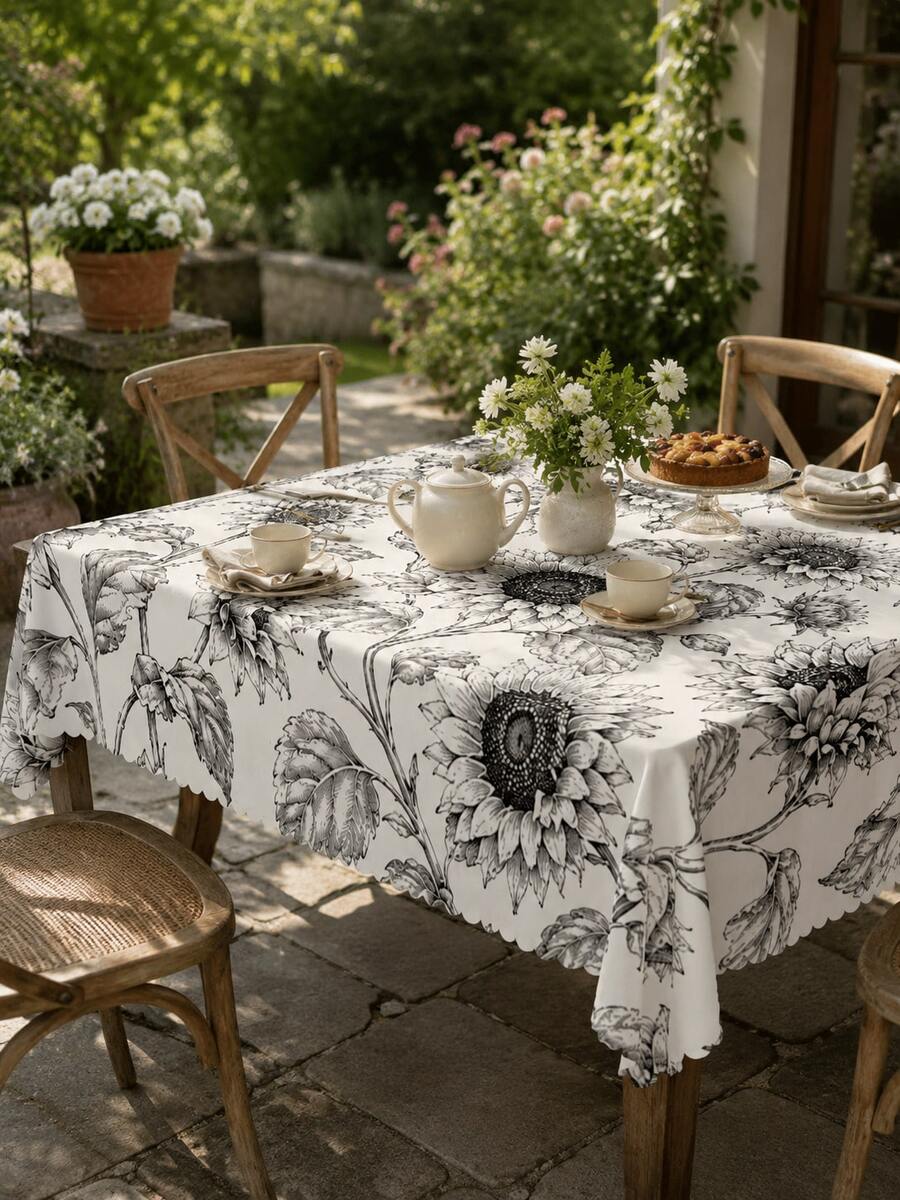 Sunflower Tablecloth, Elegant Black And White Floral Print Polyester Table Cover With Scalloped Edge, Vintage Botanical Round Table Linen, Suitable For Kitchen, Dining Room, Farmhouse, Patio, Wedding And Home Decor - Multicolor - View 1