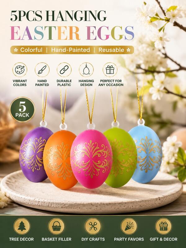 5pcs Colorful Plastic Hanging Easter Eggs - Hand-Painted Easter Egg Decorations, Ideal For Tree Ornaments, Basket Fillers, DIY Crafts, Easter Party Favors, Wedding Gifts And Holiday Decor