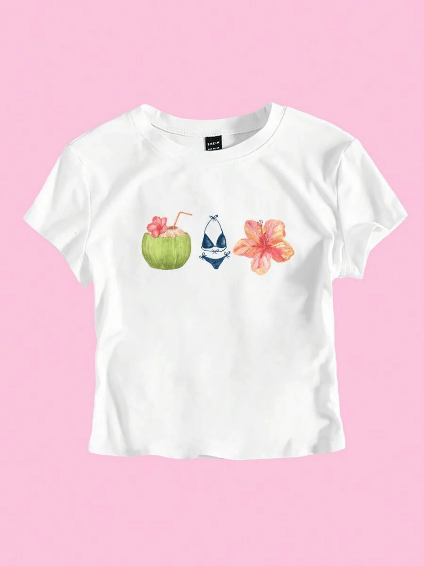 Coco tropical bikini y flor hibisco evocan días de playa camiseta de mujer casual blanca - Blanco - Ver 1
