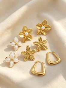 4 Paar Blumen-Ohrring-Set, große Perlen-Ohrstecker, Dreieck-Anhänger-Ohrringe, goldene Emaille-Weiße-Blumen-Ohrringe, eleganter Blumenschmuck mit Blütenblatt-Struktur, Vintage-Ohrringe, geeignet für tägliches Pendeln, Partys, Hochzeiten, verschiedene Anlässe - Verschiedenfarbig - View 7