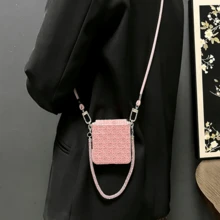 Ins Fashion Pink Bamboo Basket Woven Texture Phone Case With Rhinestone Chain Crossbody Strap Compatible With Samsung Galaxy ZFlip7 Z Flip6 ZFlip 5 Zflip6 Zflip5 Shockproof Back Cover - Pink - View 2