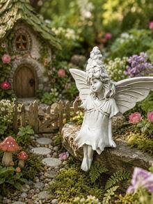Resin Sitting Fairy Statue With Floral Hair Ornament And Wings, Weather-Resistant Fairy Sculpture For Outdoor Garden, Yard, Patio, Balcony Decoration, Suitable For Backyard And Home Use - Flower Winged Fairy - View 9