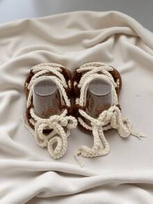 Handmade Infant Sandals, Natural Beige, Lace-Up Style - Coffee Brown - View 7