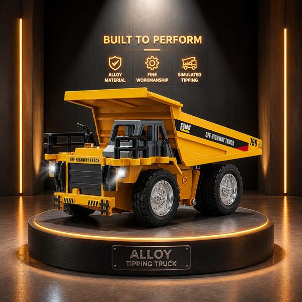 Yellow 1:54 RC Alloy Dump Truck Toy - Remote Control Construction Vehicle With Lifting Bed, LED Lights, Sound Effects & Cruise Control. Great Toy Car Gift & Party Favors For Kids, Boys, Girls