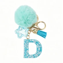 Llavero de letra A-Z con pompones rosa pastel, colgante de bolso y anillo de llaves elegante, accesorio festivo para bolso, regalo imprescindible para el Día de San Valentín/Cumpleaños/Año Nuevo - Turquesa - Ver 19