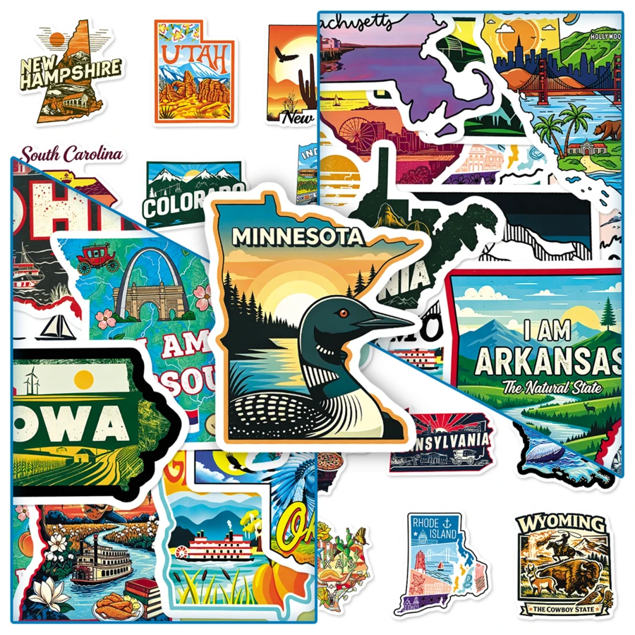 50pcs Landscape Travel Illustration USA State Map Creative Cartoon Decorative Bicycle Envelope Stickers - Map Of the United States - 2044 - View 1