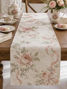 1pc Pink Rose Vintage Table Runner, French Country Floral & Bow Linen Tablecloth, Vintage Floral Dining Tablecloth, Suitable For Dining Room, Kitchen, Coffee Table, Tea Party - Multicolor - View 9