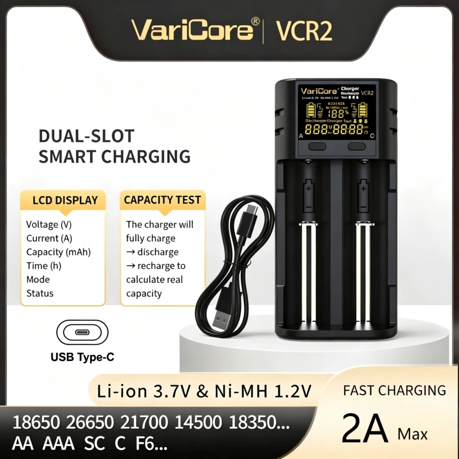 VariCore VCR2 Smart Battery Charger, Supports 3.7V Li-Ion 18650 21700 26650, 3.2V LiFePO4 32700, 1.2V NiMH AA AAA Battery Capacity Testing - Black - View 1