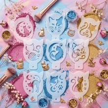 9pcs Cat Theme Face Paint Stencils - 3.54in*2.36in Kitten Silhouette, Moon & Stars, Fish Bone, Paw Print & Yarn Ball Pattern Stencils - Suitable For Face Painting, DIY Painting, Scrapbooking, Greeting Card Making, Home Decor, Craft Art Projects, Wall Art Design, Handmade Gift Making, Pet Lover Crafts, Cat Theme DIY Tools, Feline Inspired Craft Materials - Reusable Mini Plastic Stencils - Sets - View 9