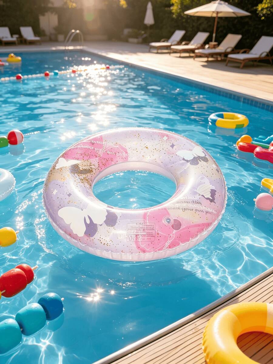 Gradient Pink Purple Glitter Butterfly Swim Ring, Transparent PVC Inflatable Pool Float For Adults, Portable Foldable High Buoyancy Floating Tube, Viral INS Summer Beach Pool Party Photo Props Water Floaties
