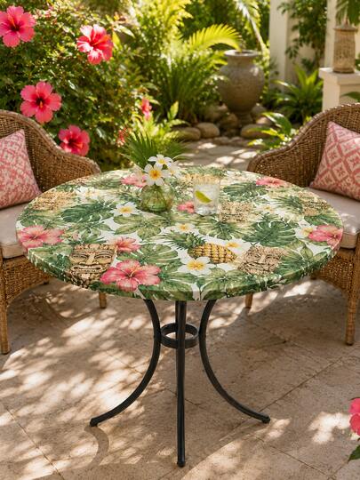 1pc Waterproof Hawaiian Tiki Mask & Palm Print Elastic Round Table Cover - Tropical Luau Tablecloth For Patio, Home Decor, Room Decor, Garden, Wedding, Pool Party & Summer BBQ