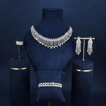 BIIDETALK 4-teiliges luxuriöses Schmuckset im saudi-arabischen Stil mit Wasserfall-Design, Tropfen-Quasten-Halskette, Armband, Ring & Hängeohrringe, für Abendparty & Hochzeit für Frauen - Platin + weißes Zirkonium - Übersicht 1