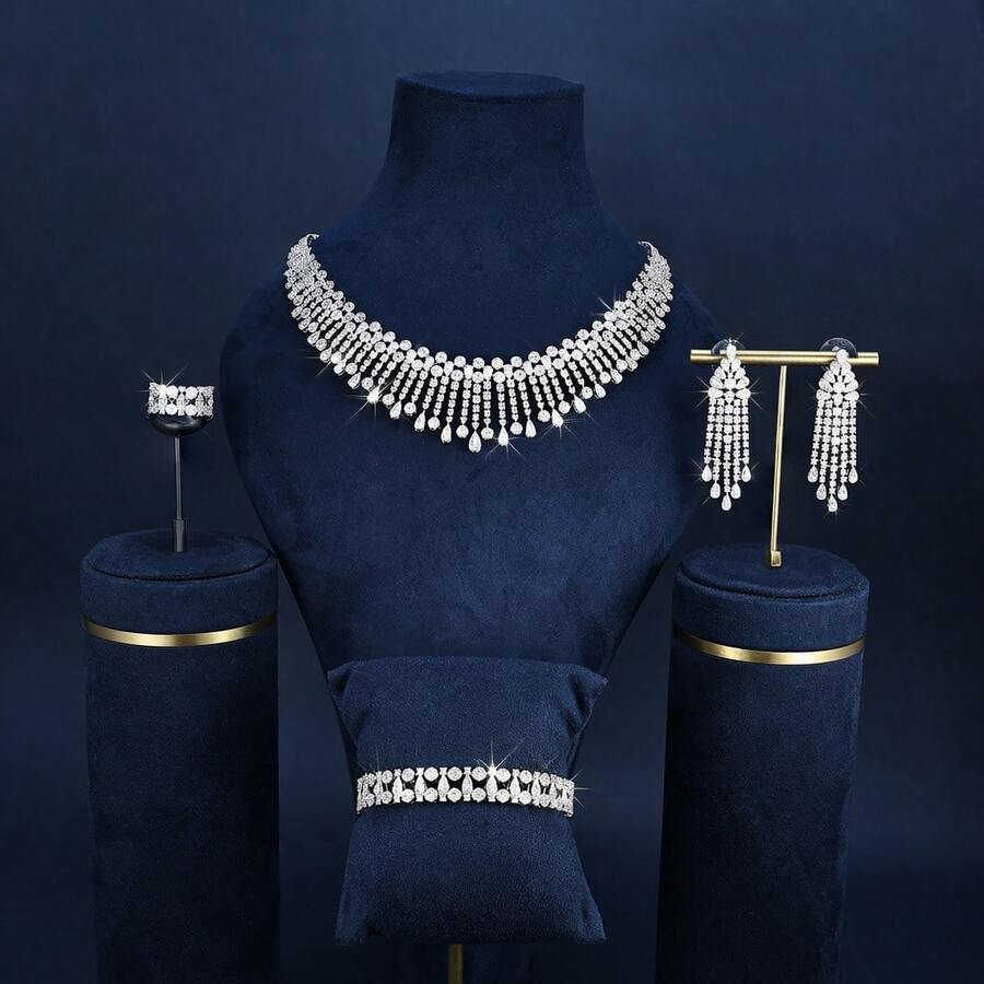BIIDETALK 4-teiliges luxuriöses Schmuckset im saudi-arabischen Stil mit Wasserfall-Design, Tropfen-Quasten-Halskette, Armband, Ring & Hängeohrringe, für Abendparty & Hochzeit für Frauen - Platin + weißes Zirkonium - Übersicht 1