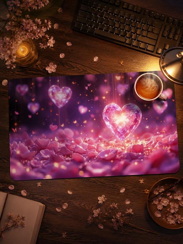 1pc XXL Oversized Pink Heart Mouse Pad Crystal Heart Petal Starlight Pattern Soft Wear-Resistant Cloth Surface Non-Slip Rubber Bottom Desk Protector Keyboard Pad Office Study Pad Suitable For Computer Laptop Mechanical Keyboard Gaming Mouse