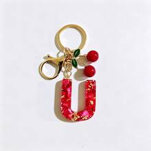 1pc Red Bohemian Style Resin Drip Letter Keychain, Cute Cherry Pendant, Fashionable Personalized Initial Bag Charm, Exquisite Accessory Gift For Girls - Red - View 12