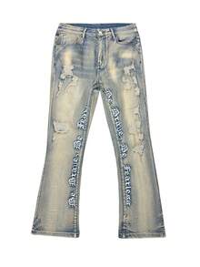 Celana Jeans Flare Bordir, Celana Jeans Flare Slim Fit Pria dengan Bordir Huruf, Celana Flare Sobek, Jeans Tumpuk Gaya Y2K, Jeans Bordir dengan Warna Kontras, Cocok untuk Semua Musim - Biru - View 6