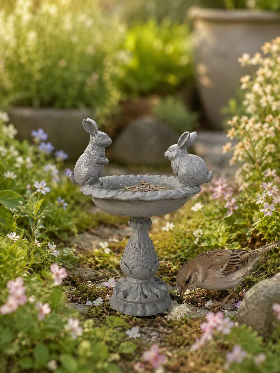 花園鳥浴盆附兔子雕塑，樹脂底座水盆，戶外庭院露台草坪裝飾，耐候性鳥食槽鳥浴盆，居家使用 - 兔子水池 - 查看 1