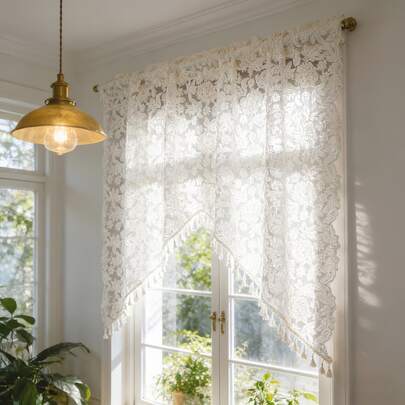 1pc Curtain Valance - Embroidered Floral Sheer Curtain With Tassels, Arch-Shaped Rod Pocket Design, Suitable For Porch, Cabinet Decoration, Living Room, Bedroom, Kitchen, Bohemian Style Embroidered Curtain For Doors And Windows