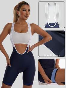 Women's Cycling Bib Shorts With Padding, Women's Bicycle Shorts With 4D Padded, With Mesh Pockets Sports Summer - Navy Blue - View 2