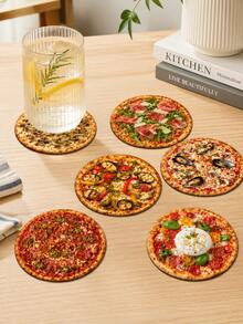 1 Set 6pcs Realistic Pizza Food Round Coasters, Italian Style Fun Creative Design, Heat Resistant Insulation Pads, Home Kitchen Tabletop Decor, Suitable For Restaurant Party Pizza Lovers Gift Arrangement - Multicolor - View 1