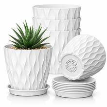5er Set 15 cm Weiße Kunststoff Blumentöpfe mit Untersetzern und Abflusslöchern, 3D Wellenstruktur Übertöpfe für Sukkulenten, Kräuter, Efeutute, Fensterbank, Balkon, Büro und klare Home Garden Deko - 5 Stück, 10 cm Durchmesser - Übersicht 2