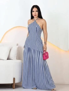 Long Striped Viscose Dress For Parties, Events, And Everyday Wear - Blue - View 1