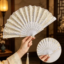 輕奢歐風蕾絲飾邊女用摺扇，精美蘭花印花，復古穿搭配件，夏季旅行、舞蹈表演、攝影裝飾手工扇 - A - 查看 4