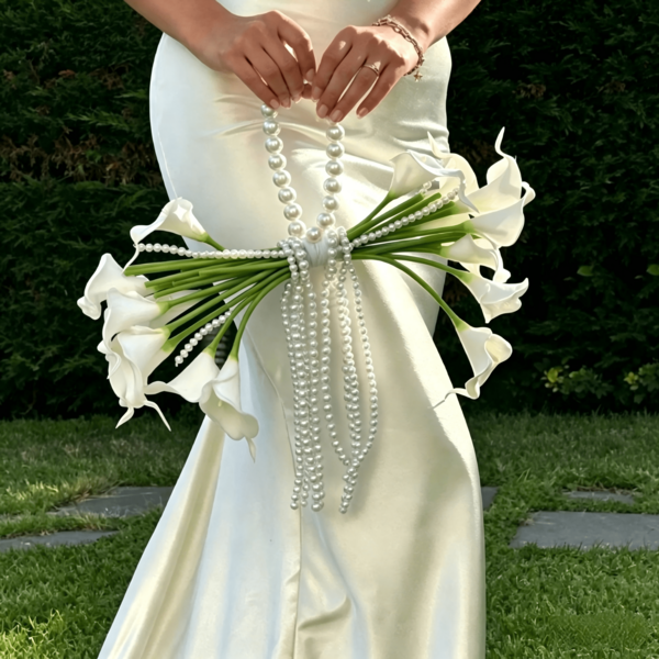 White Calla Lily Bridal Bouquet With Pearl Handle, Elegant Wedding Hand Tied Bouquet With Pearl Tassels