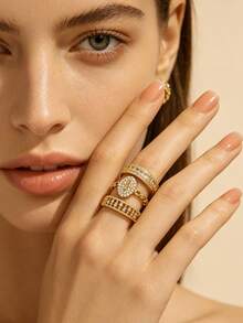 1/3pcs Elegant Fashion 18k Gold Plated Round Cubic Zirconia Open Adjustable Women's Ring Set Suitable For Daily/Date/Party Wear - Gold - View 7