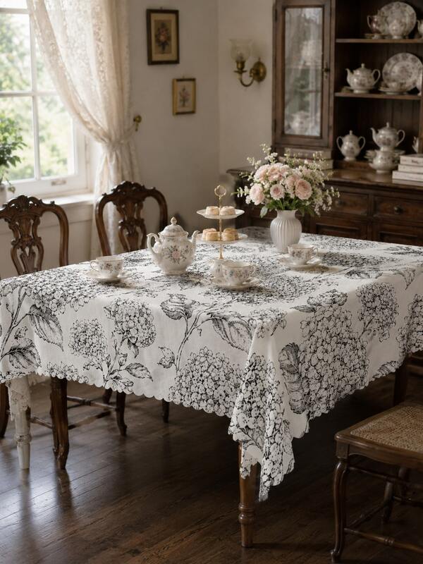 Nappe Hortensia, Nappe de Table Élégante Imprimée Floral Noir et Blanc en Polyester avec Bord Festonné, Linge de Table Rond Vintage Botanique pour Cuisine, Salle à Manger, Ferme, Patio, Mariage et Décoration Intérieure