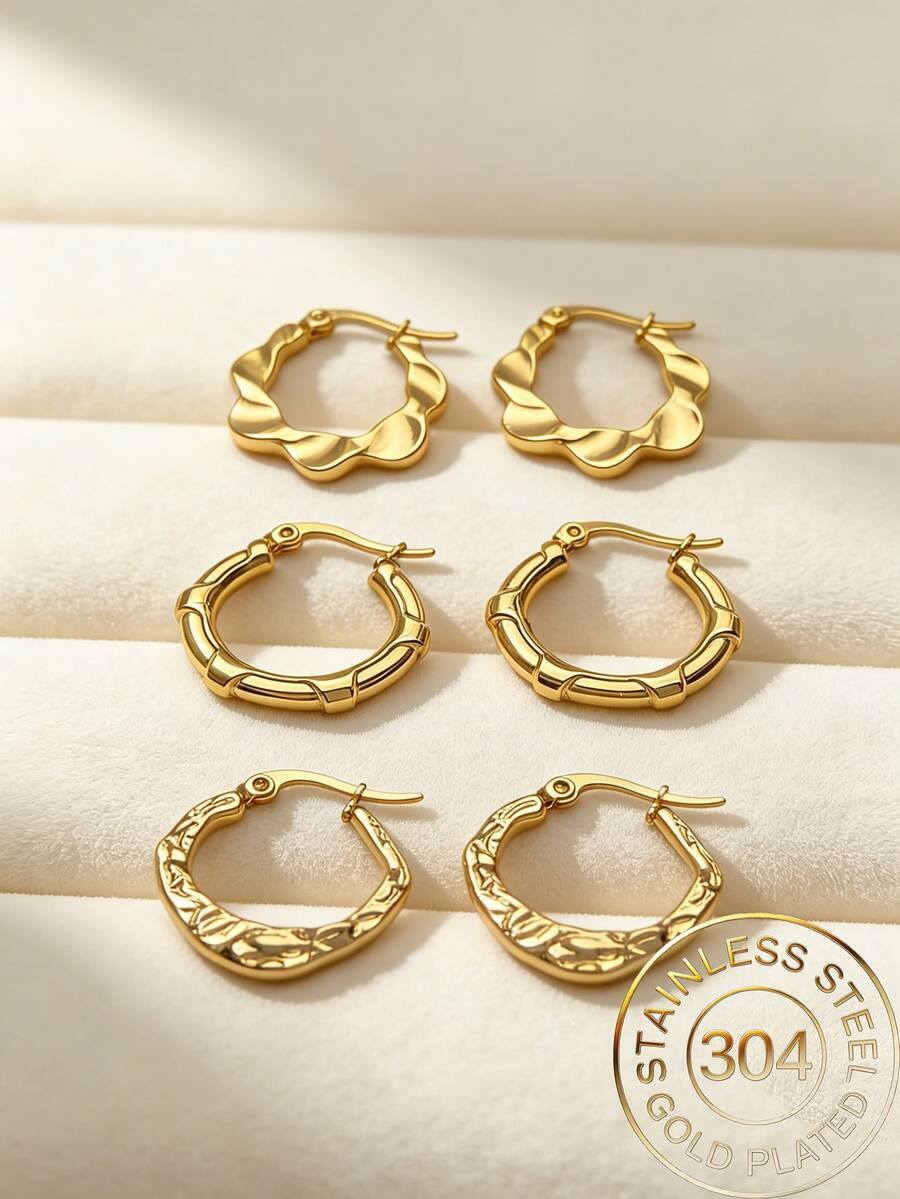 1/3 Pairs Stainless Steel Earrings, Stainless Steel Jewelry, Women's Earrings, Earrings, Gold-Plated Hinged Round Earrings, Bamboo Texture, Hexagon, Square, Round, Butterfly Shaped, Design, Durable Low-Allergy Earrings Suitable For Sensitive Ears, Charming Women's Accessories, Middle Eastern Fashion Jewelry, Ramadan Decorative Jewelry And Accessories, Party And Holiday Gifts - Multicolor - View 1