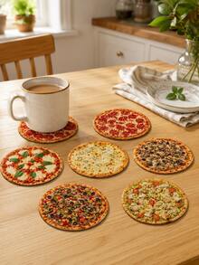 1 Set 6pcs Realistic Pizza Food Round Coasters, Italian Style Fun Creative Design, Heat Resistant Insulation Pads, Home Kitchen Tabletop Decor, Suitable For Restaurant Party Pizza Lovers Gift Arrangement - Multicolor - View 2