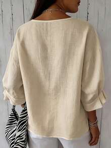 Women's Plus Size Short Sleeve Solid Color Square Neck Dropped Shoulder Lotus Ruffle Cuff Summer Blouse - Apricot - View 4