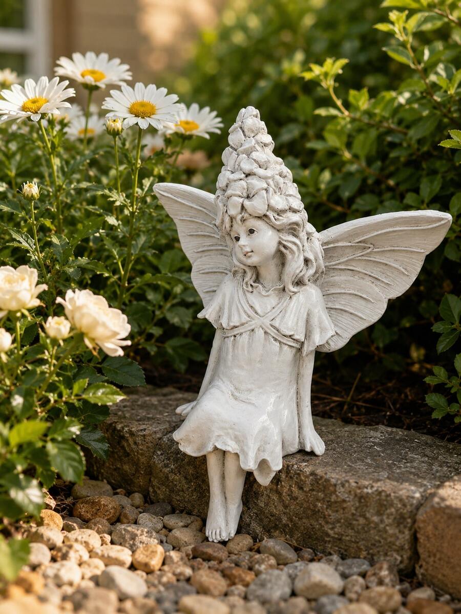 Resin Sitting Fairy Statue With Floral Hair Ornament And Wings, Weather-Resistant Fairy Sculpture For Outdoor Garden, Yard, Patio, Balcony Decoration, Suitable For Backyard And Home Use - Flower Winged Fairy - View 1