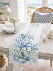1 Stück Meeres-Thema Aquarell Tischläufer, Meereslebewesen Seestern Muschel Tischdecke Abdeckung, Nautisches Blau Esstischdecke, geeignet für Esszimmer, Küche, Couchtisch, Heimdekoration - Verschiedenfarbig - Übersicht 6