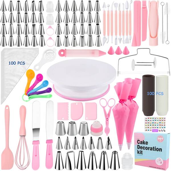 Set de decorare torturi cu platou rotativ 307 piese, 98 piese, 56 piese, set de decorare torturi en gros cross-border, sac de tort, pistol pentru tort, foarfecă pentru tort, duze pentru tort, duze pentru tort stil coreean, instrumente pentru fondant, sac de tort de unică folosință, separator de albuș de ou, platou rotativ pentru tort, răzuitor antiderapant, set 3 piese, întinzător de cremă, foarfecă pentru tort, cuie pentru tort, duze rusești pentru tort, convertor 3 culori, tel, răzuitor din silicon, spatulă din oțel inoxidabil, lingură de măsură, cană de măsură, set 5 piese, formele colorate pentru muffin, perie de curățare