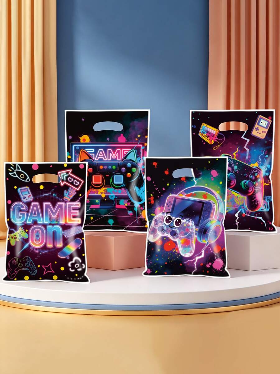 10/20/50 Paquet de sacs cadeaux thème jeu, sacs cadeaux manette de jeu graffiti néon, sacs d'emballage en plastique, décorations d'anniversaire, cadeaux de retour de mariage, cadeaux de baptême, sacs pour boutiques, décorations de fête, sacs de cadeaux de fête, styles aléatoires - Manette de jeu Neon - Voir 1
