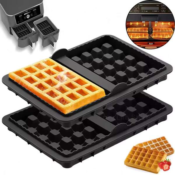 Formă de gofretă din silicon, potrivită pentru friteuza cu aer cald, reutilizabilă, antiaderentă, accesoriu de coacere rezistent la căldură, compatibilă cu friteuza cu aer cald AF300EU/AF400EU cu coș dublu, pentru mașina de spălat vase, ușor de curățat și de demolat, face 2 gofretă simultan