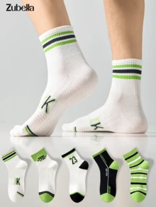 5 Pairs Men's Socks Spring/Summer Style, Summer Thin Mesh Breathable Socks, Sports Mid-Calf Socks, Sweat-Absorbing Odor-Resistant Socks Versatile, Teenager Middle School High School College Student Socks, Basketball Socks Street Style Men's Socks - Multicolor - View 1