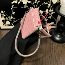 Ins Fashion Pink Bamboo Basket Woven Texture Phone Case With Rhinestone Chain Crossbody Strap Compatible With Samsung Galaxy ZFlip7 Z Flip6 ZFlip 5 Zflip6 Zflip5 Shockproof Back Cover - Pink - View 10