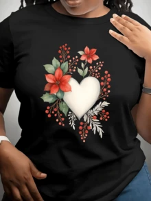 Corazón blanco rodeado de flores rojas y hojas verdes que simbolizan amor y esperanza camiseta de mujer elegante casual diaria - Negro - Ver 8