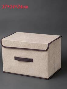 1pc Washable Linen Foldable CD Storage Box, Collapsible Storage Bin With Lid, Toy Organizer Basket, Laundry Basket - Khaki - View 12
