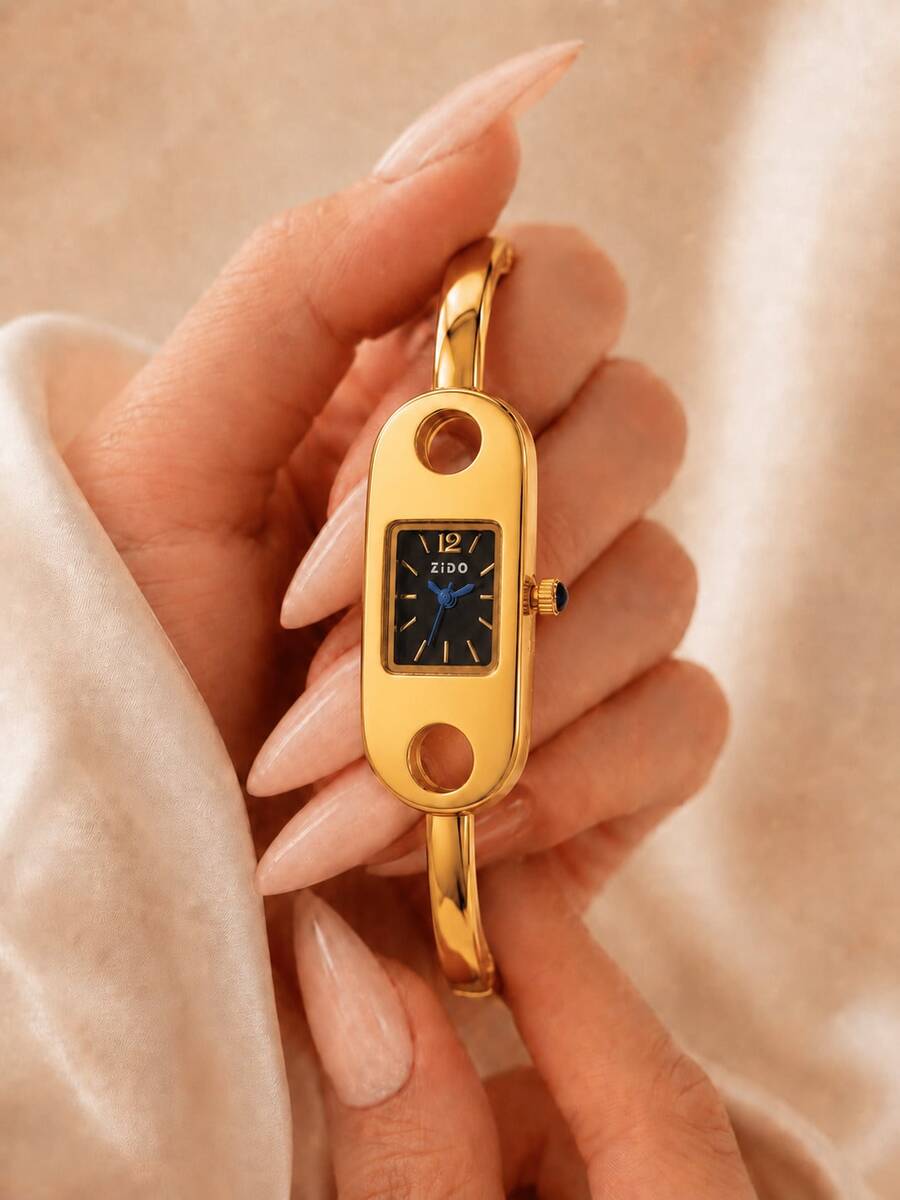 1pc Women's Gold Bangle Quartz Watch, Rectangular Hollow Bangle Wristwatch, Black Dial Blue Hands, Jewelry Style Formal Watch, Gift For Women And Girls