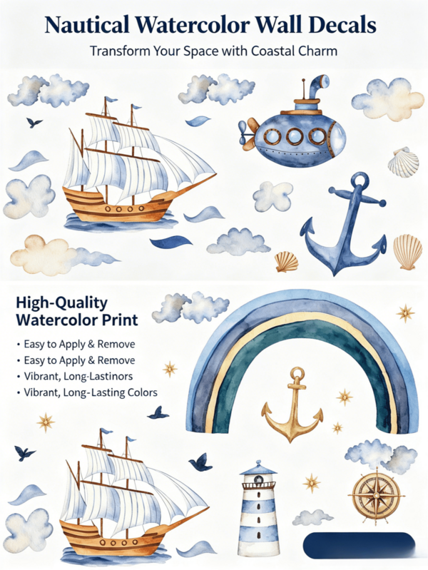 1 Set Watercolor Nautical Series Wall Decal Set, Fresh Watercolor Style, Low Saturation Blue & Brown Color Palette With Healing Vibe, Sailboat, Submarine, Lighthouse, Compass Elements, Inspires Children's Exploration And Imagination, Waterproof Removable Ocean Theme Boy's Bedroom Wall Decor Stickers