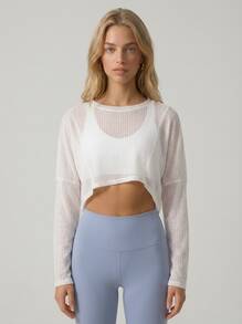 Never me Women's Solid Color Asymmetric Hem Cropped Striped Semi-Sheer Drop Shoulder Loose Round Neck Thin Elastic Comfortable Running Yoga Long Sleeve Sports Cover-Up - White - View 5