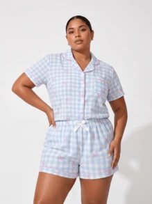 Plus Size Women's Blue & White Plaid Bow Print Short Sleeve Collared Top With Pocket And Bow Shorts Pajamas Loungewear Set - Blue and White - View 1