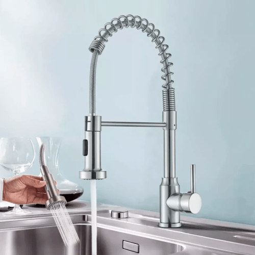 Monobloc Silver Kitchen Mixer Tap With Pull Out Hose – Single Lever Sink Tap For Kitchen, 2 Spray Modes