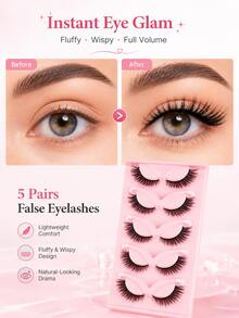 5 Pairs Fluffy Wispy False Eyelashes, Full Volume Cat Eye Strip Lashes For Glam Makeup - View 5
