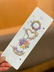 4 Stücke/Set süße Legierung Kunstperlen Dreifach-Herz Haarspangen, Damen Alltags-Modestil, Haarklammern - Verschiedenfarbig - Übersicht 2